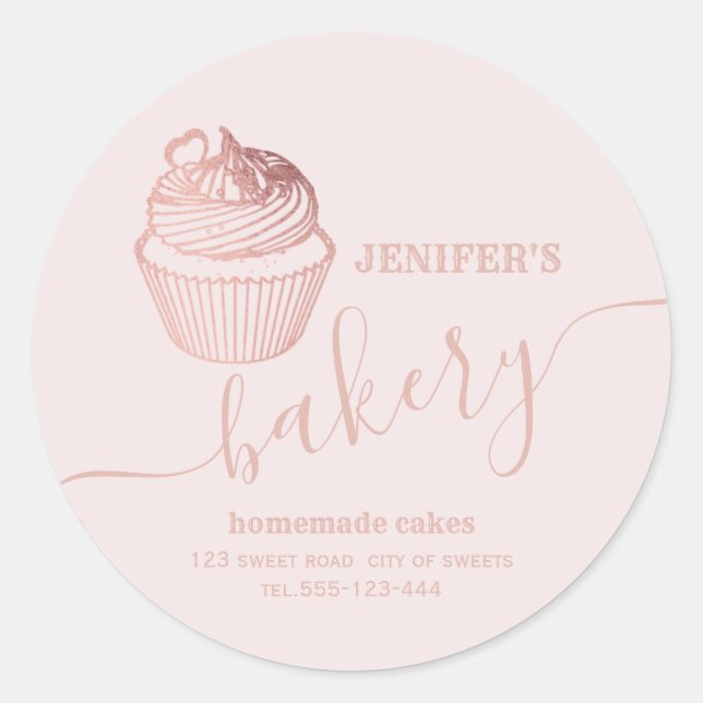 Rose gold bakery Homemade cupcakes and sweets Classic Round Sticker (Front)