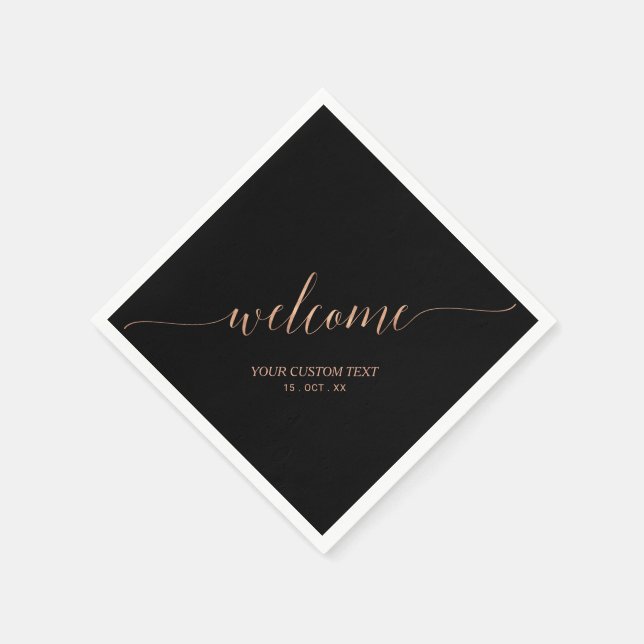 Rose Gold & Balck Elegant Script Welcome Party Napkins (Corner)