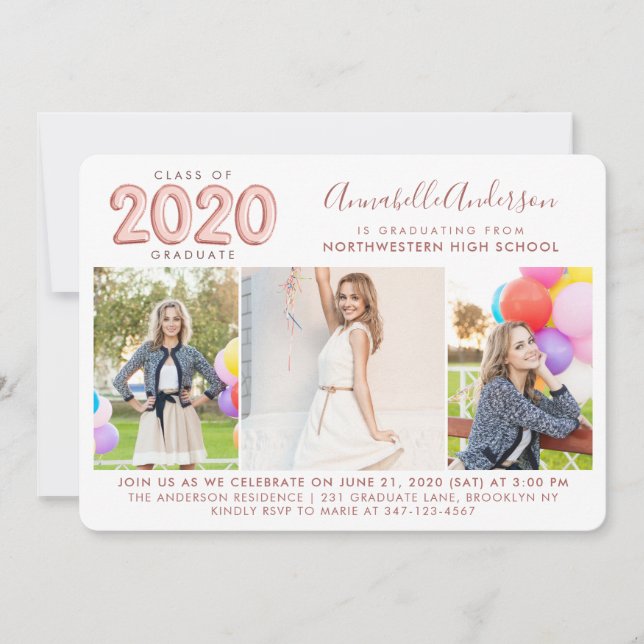 Rose Gold Balloon 2020 Graduate Photo Graduation Announcement (Front)
