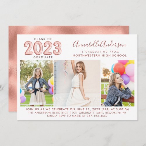 Rose Gold Balloon 2023 Graduate Photo Graduation Invitation