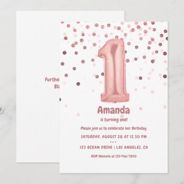 Rose Gold Balloon and Foil Confetti 1st Birthday Invitation (Front/Back)