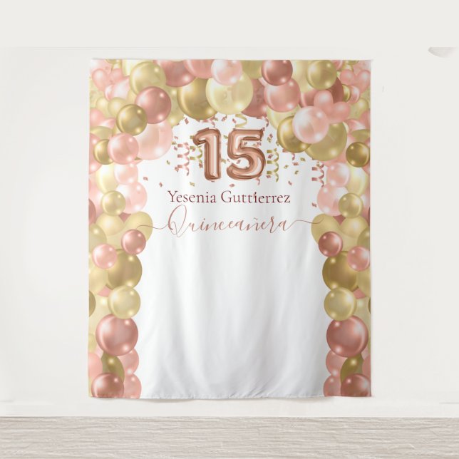 Rose Gold Balloon Arch Quinceanera Tapestry (Front)