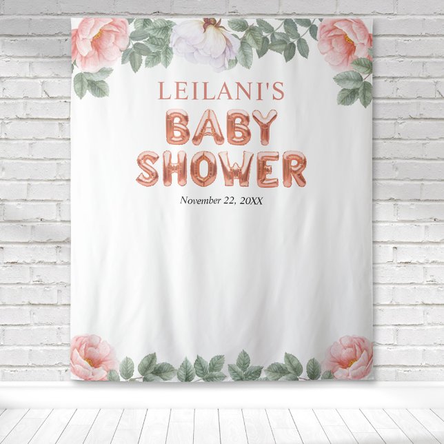 Rose Gold Balloon Baby Shower Pink Floral Backdrop (Pink and white peony with rose gold balloon lettered baby shower for a botanical backdrop for photos)