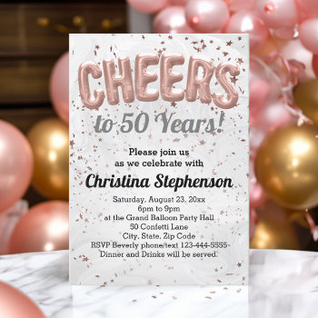 Rose Gold Balloon Cheers To 50 Years 50th Birthday Invitation by CustomInvites at Zazzle