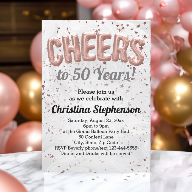 Rose Gold Balloon Cheers to 50 Years 50th Birthday Invitation (rose gold 50th birthday party invitations)
