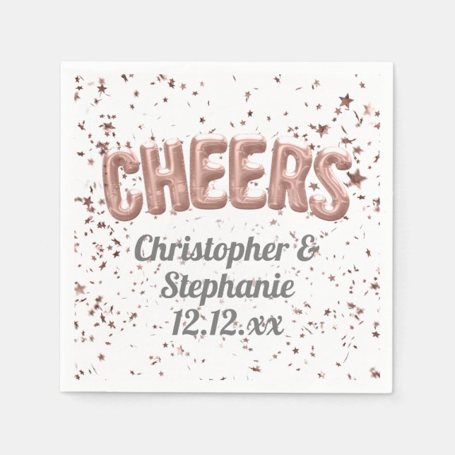 Rose Gold Balloon Confetti Cheers Custom Wedding Napkins (Front)