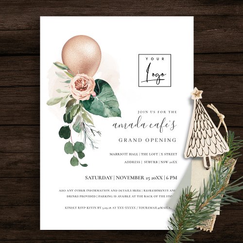 Rose Gold Balloon Flora Logo Grand Opening Invite 