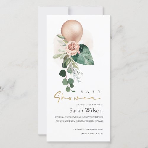 ROSE GOLD BALLOON FLORAL BUNCH BABY SHOWER INVITE