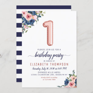 Rose Gold Balloon Floral Navy Blush 1st Birthday Invitation