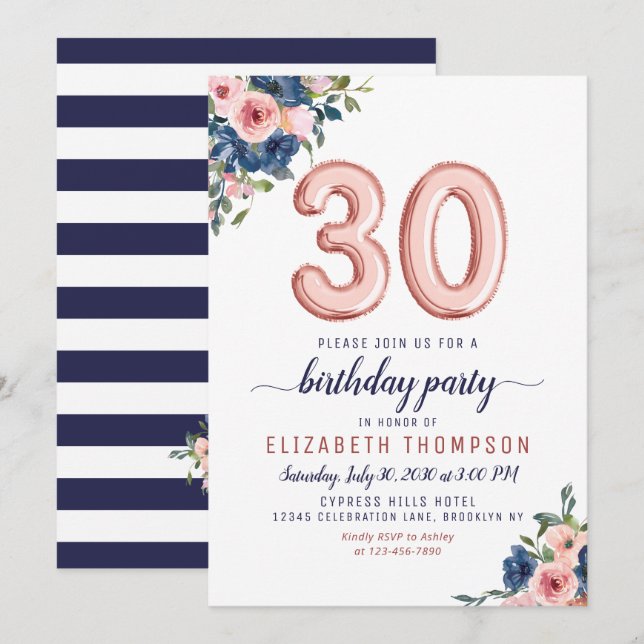 Rose Gold Balloon Floral Navy Blush 30th Birthday Invitation (Front/Back)