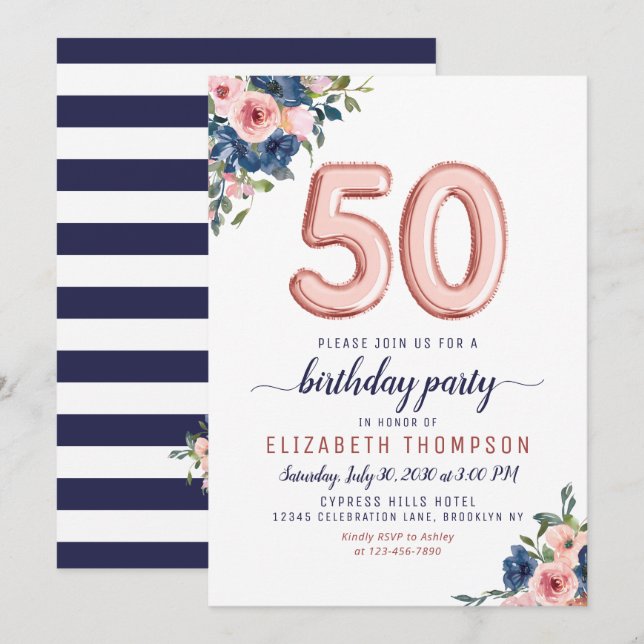 Rose Gold Balloon Floral Navy Blush 50th Birthday Invitation (Front/Back)