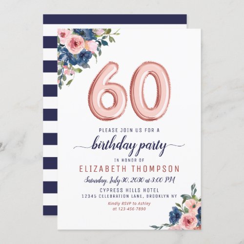 Rose Gold Balloon Floral Navy Blush 60th Birthday Invitation