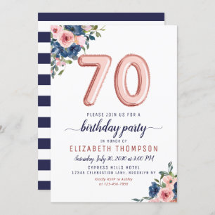 Rose Gold Balloon Floral Navy Blush 70th Birthday Invitation
