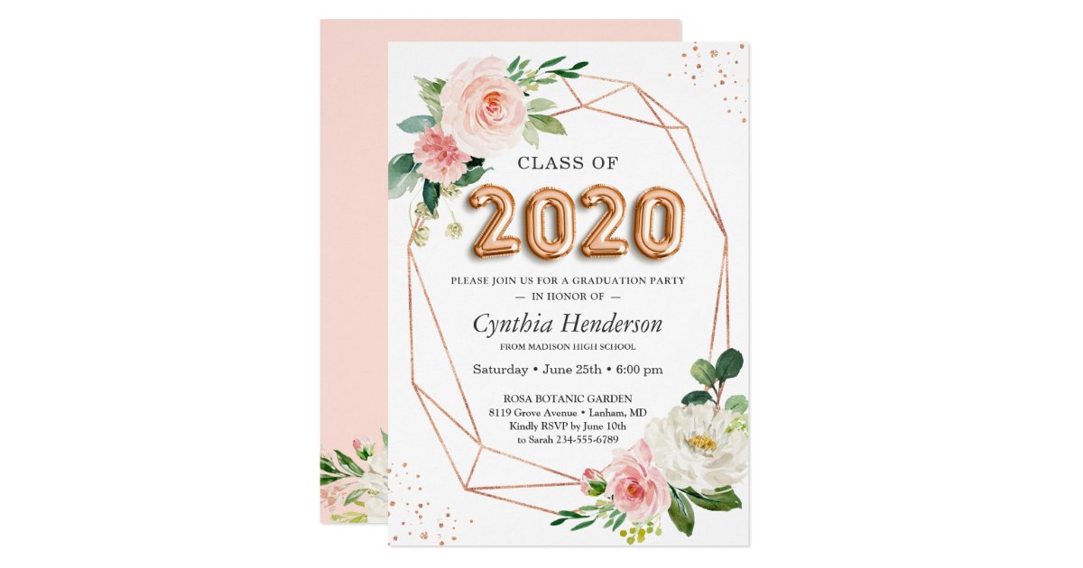 Rose Gold Balloon Font Class of 2020 Graduation Invitation ...