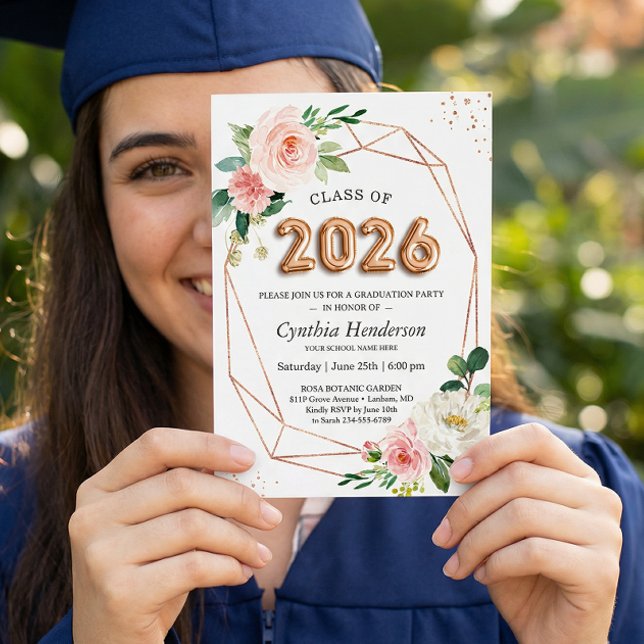 Rose Gold Balloon Font Class of 2026 Graduation Invitation (Creator Uploaded)