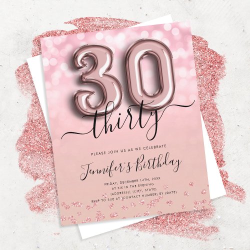 Rose Gold Balloon Glitter 30th Birthday Invite