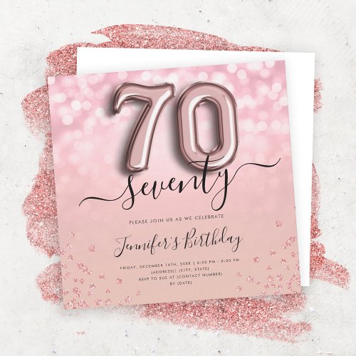 Rose Gold Balloon Glitter 70th Birthday Invite