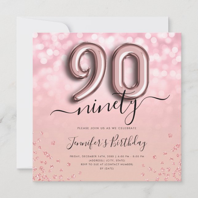 Rose Gold Balloon Glitter 90th Birthday Invite (Front)