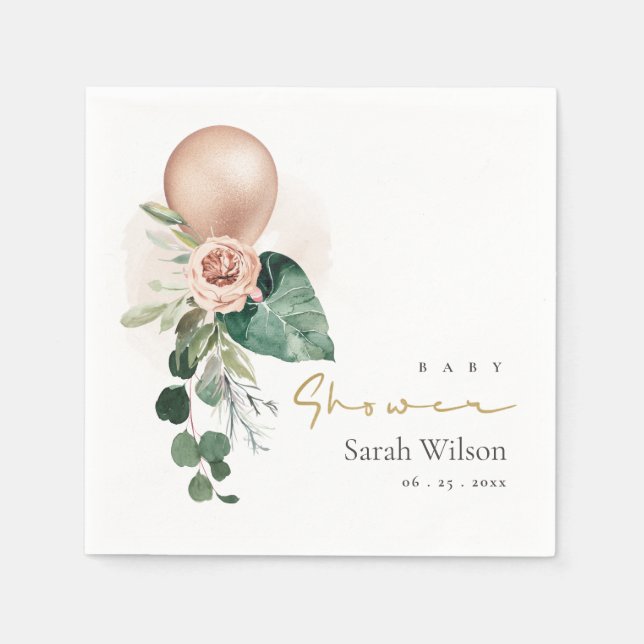 ROSE GOLD BALLOON PEACH FLORAL BUNCH BABY SHOWER NAPKINS (Front)