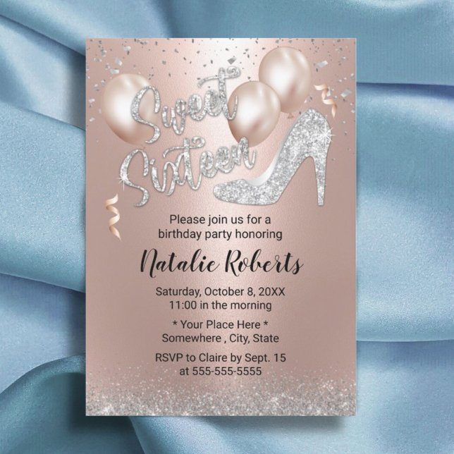 Rose Gold Balloon Silver High Heel Modern Sweet 16 Invitation (Creator Uploaded)