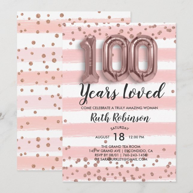 Rose Gold Balloons | 100th Birthday Invitation (Front/Back)