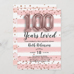 Rose Gold Balloons 100th Birthday Invitation
