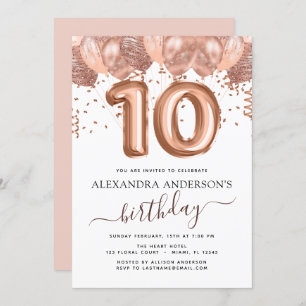 Rose Gold Balloons 10th Birthday Party Confetti Invitation