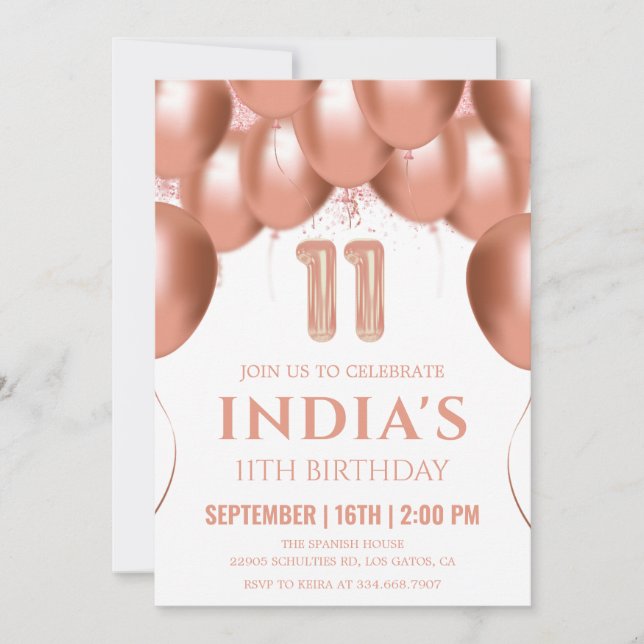 Rose Gold Balloons 11th Birthday Invitation (Front)
