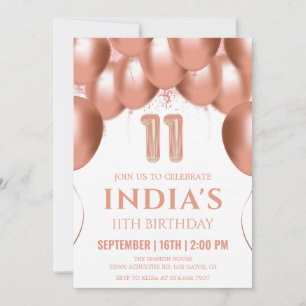 Rose Gold Balloons 11th Birthday Invitation