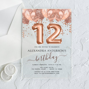 Rose Gold Balloons 12th Birthday Party Confetti Acrylic Invitations