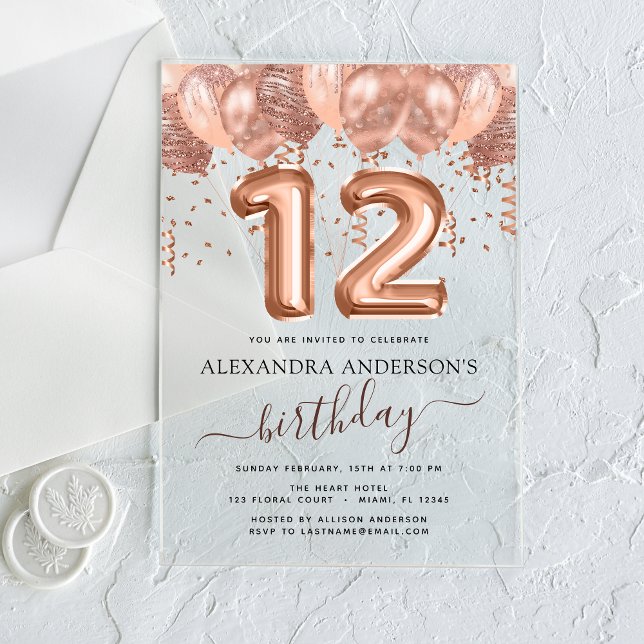Rose Gold Balloons 12th Birthday Party Confetti Acrylic Invitations (Creator Uploaded)