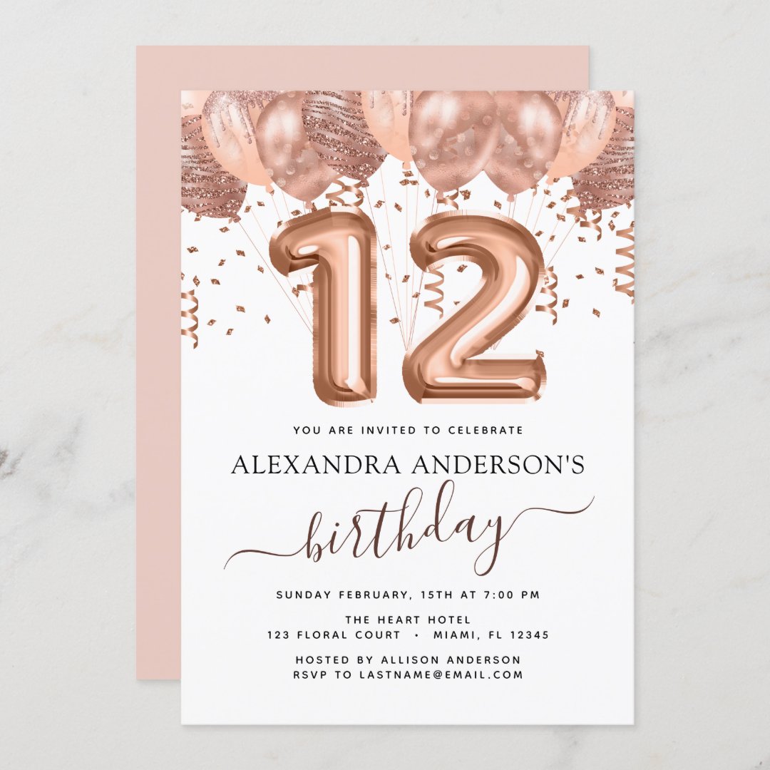 Rose Gold Balloons 12th Birthday Party Confetti Invitation | Zazzle