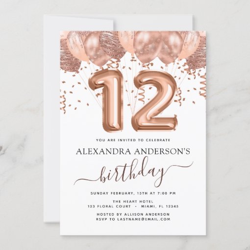 Rose Gold Balloons 12th Birthday Party Confetti Invitation | Zazzle