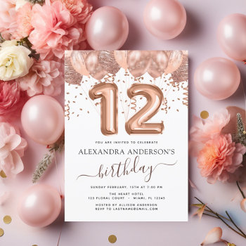 Rose Gold Balloons 12th Birthday Party Confetti Invitation by Hot_Foil_Creations at Zazzle