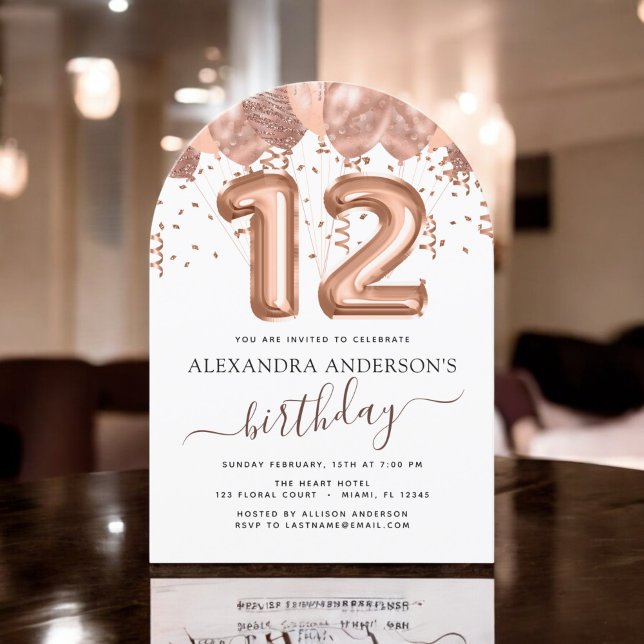 Rose Gold Balloons 12th Birthday Party Confetti Invitation (Creator Uploaded)