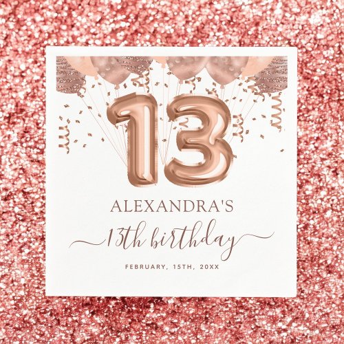 Rose Gold Balloons 13th Birthday Party Napkins