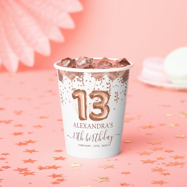 Rose Gold Balloons 13th Birthday Party Paper Cups (Insitu)