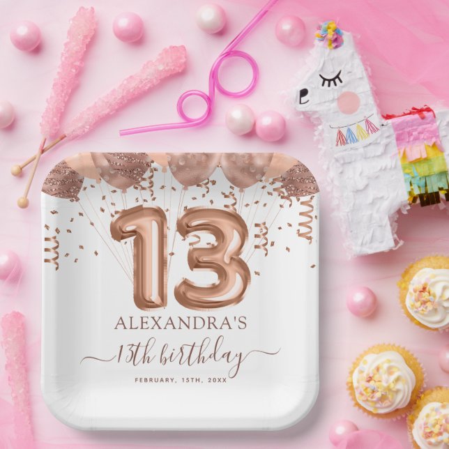 Rose Gold Balloons 13th Birthday Party Paper Plates (Party)