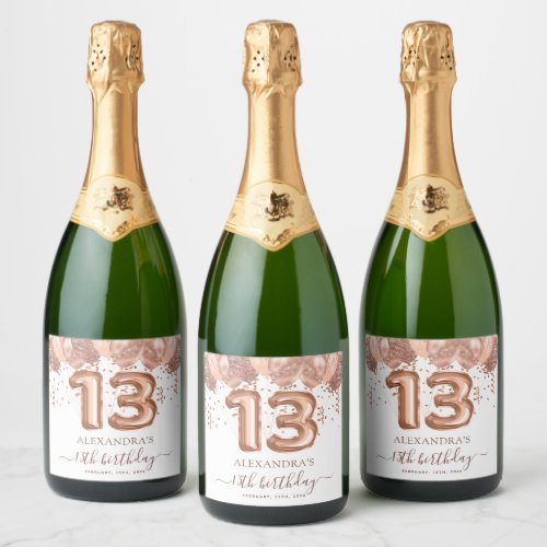 Rose Gold Balloons 13th Birthday Party Sparkling Wine Label