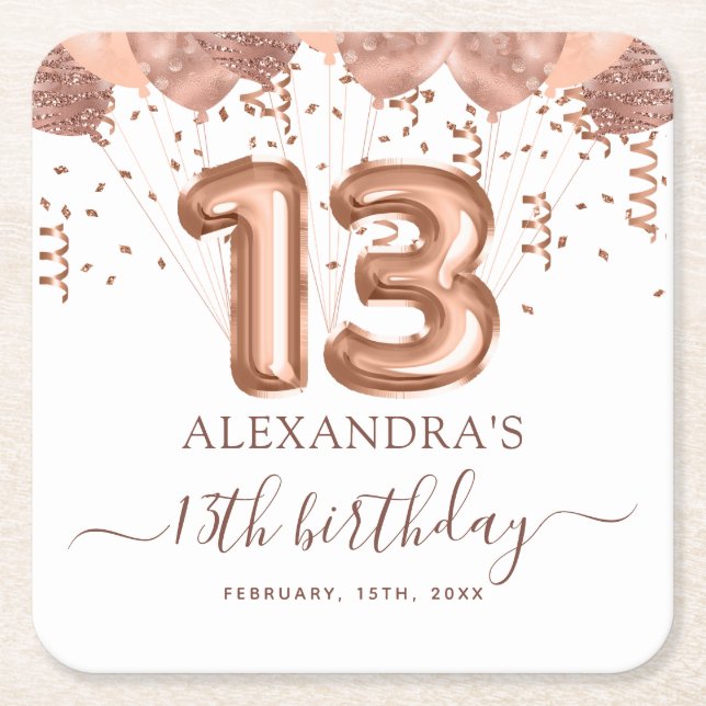 Rose Gold Balloons 13th Birthday Party Square Paper Coaster (Front)