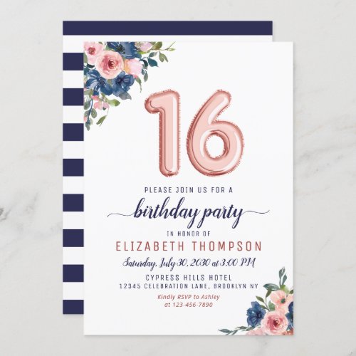 Rose Gold Balloons 16th Birthday Floral Navy Blush Invitation