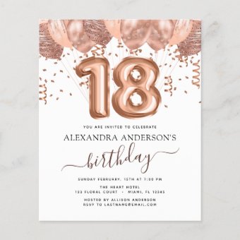 Rose Gold Balloons 18th Birthday Party Invitation | Zazzle