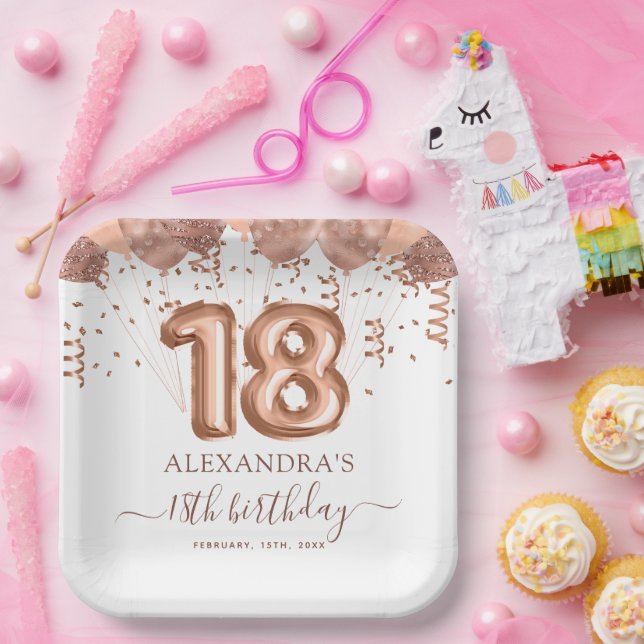 Rose Gold Balloons 18th Birthday Party Paper Plates (Party)