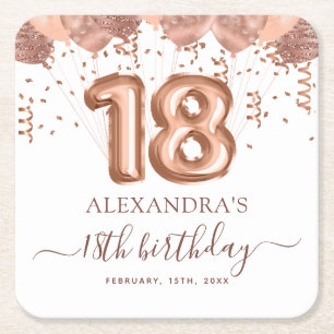 Rose Gold Balloons 18th Birthday Party Square Paper Coaster