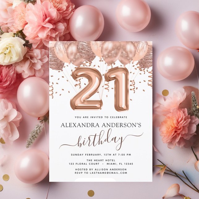 Rose Gold Balloons 21st Birthday Party Confetti Invitation (Creator Uploaded)