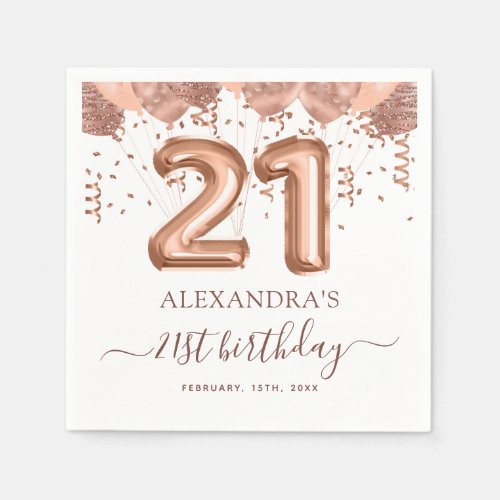 Rose Gold Balloons 21st Birthday Party Napkins