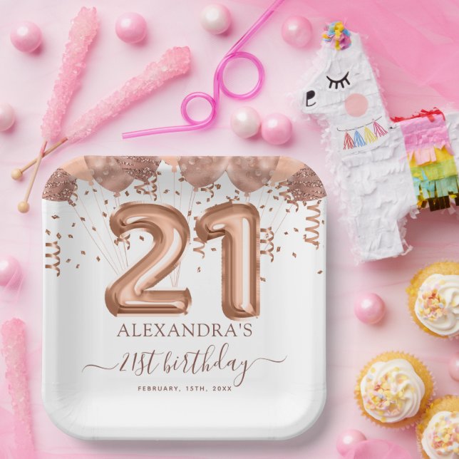 Rose Gold Balloons 21st Birthday Party Paper Plates (Party)