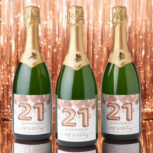 Rose Gold Balloons 21st Birthday Party Sparkling Wine Label