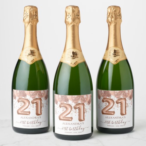 Rose Gold Balloons 21st Birthday Party Sparkling Wine Label