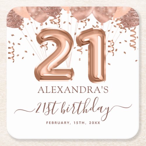 Rose Gold Balloons 21st Birthday Party Square Paper Coaster